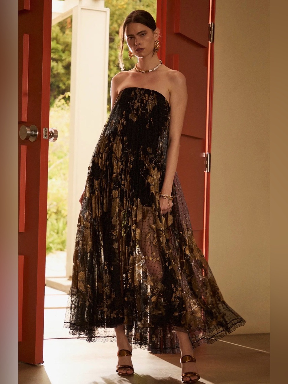 Helsi Delphine Metallic Floral Pleated Strapless Gown Black Gold Medium NWT